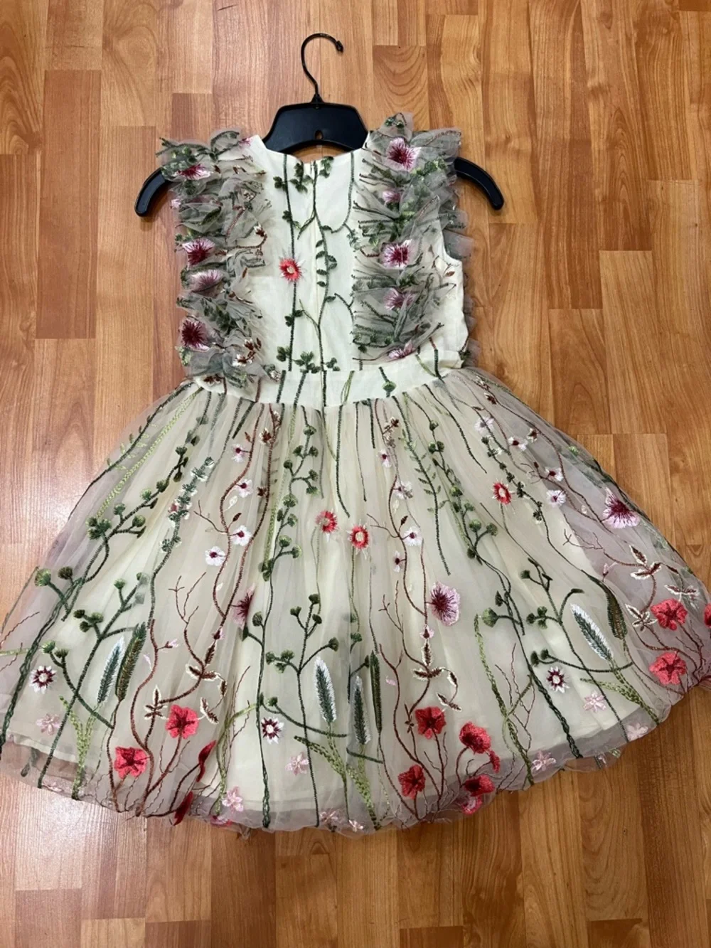 Girls Cream Floral Embroidered Tulle Dress - Picture 4 of 5
